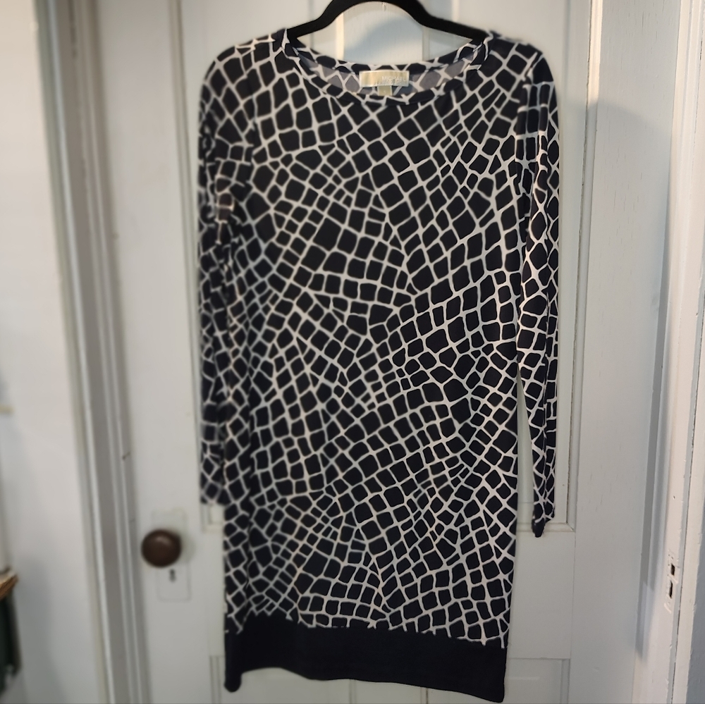 Michael Kors Blue and White Geometric Long Sleeve Dress